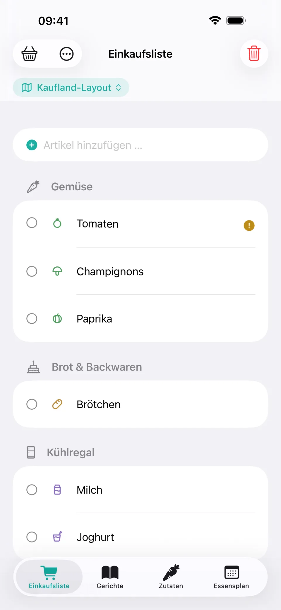 Einkaufsliste in Mango & Dill, nach dem Laufweg des Supermarkts sortiert