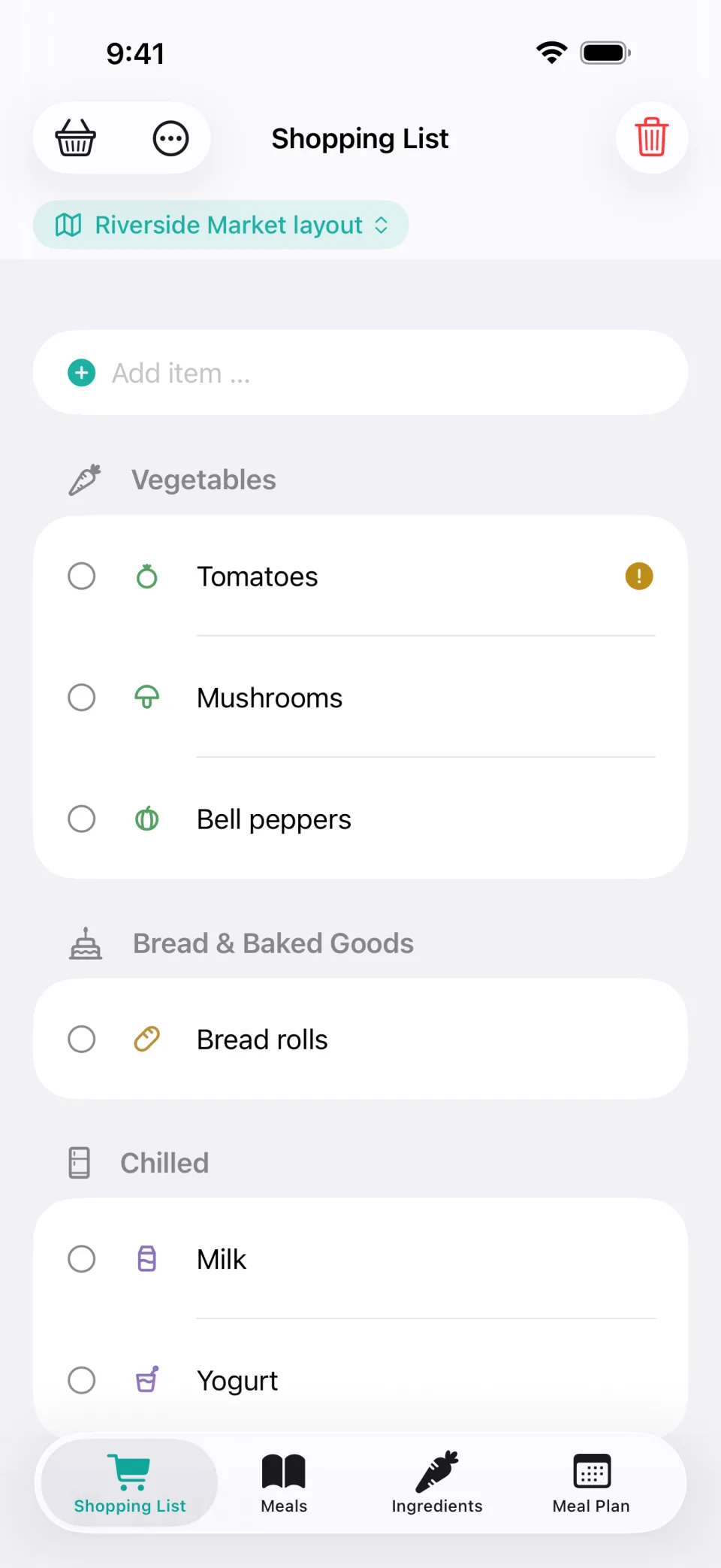 Shopping list in Mango & Dill, sorted by the aisle order of the store