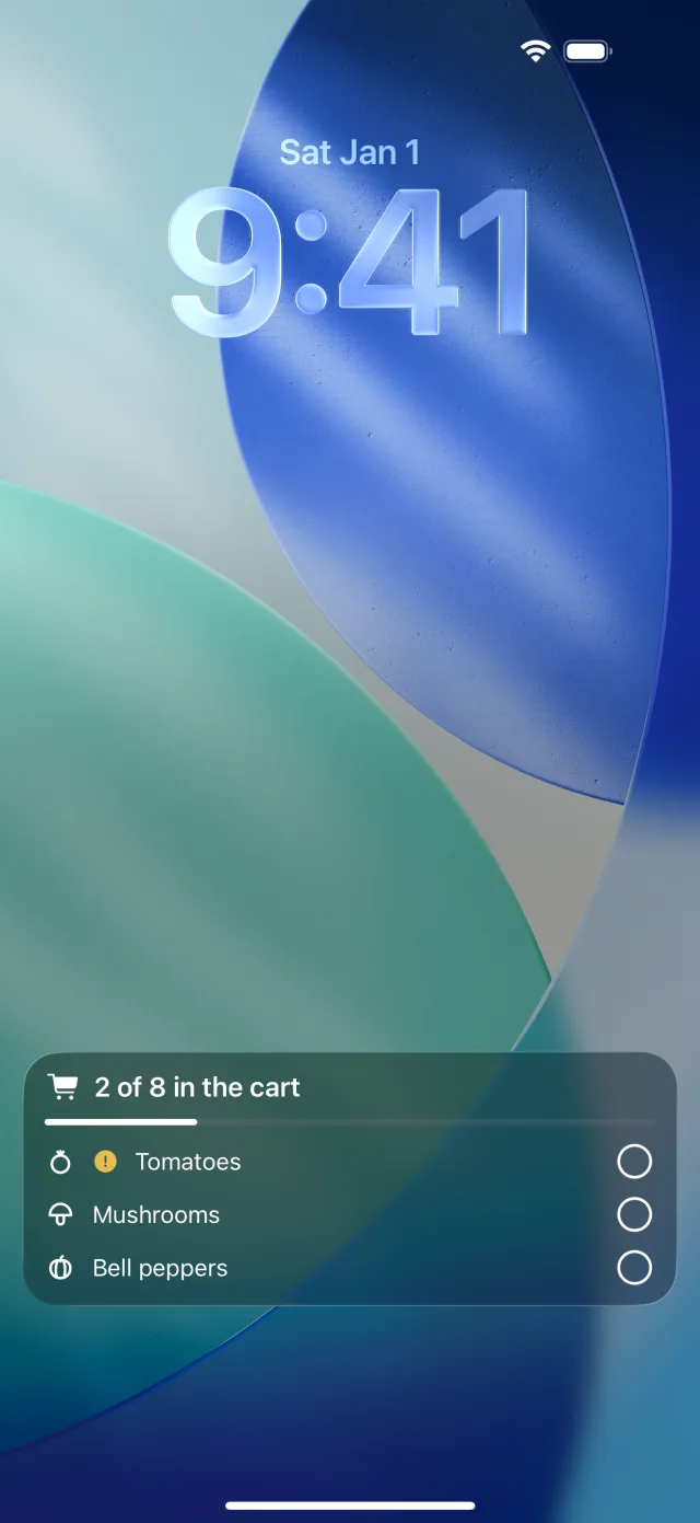 Lock screen with Mango & Dill: 2 of 8 in the cart, next items ready to check off